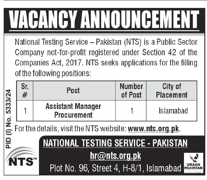 National Testing Services of Pakistan NTS Jobs 2025 Today Advertisement