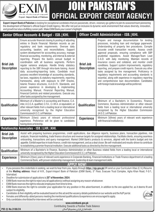 Advertisement of EXIM Bank of Pakistan Jobs 2024