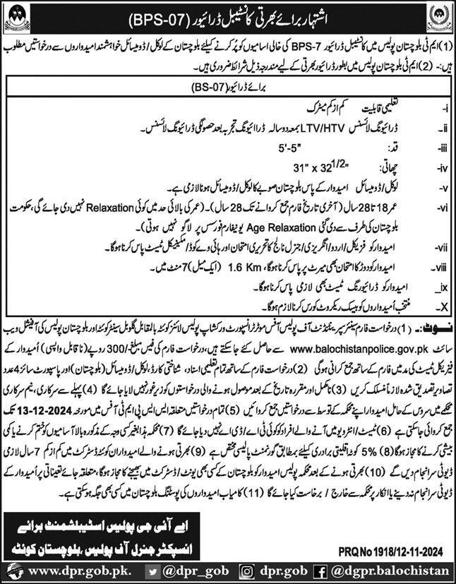 Balochistan Police Constable Driver Recruitment 2024 Advertisement