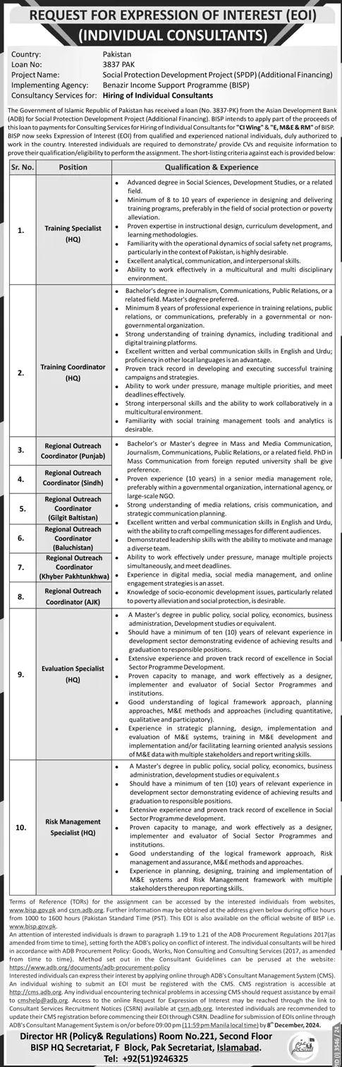 Benazir Income Support Programme BISP Jobs 2024 Advertisement