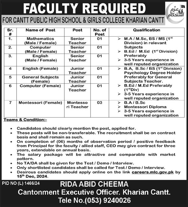 Cantt Public High School & Girls College Kharian Cantt Jobs 2024 Advertisement