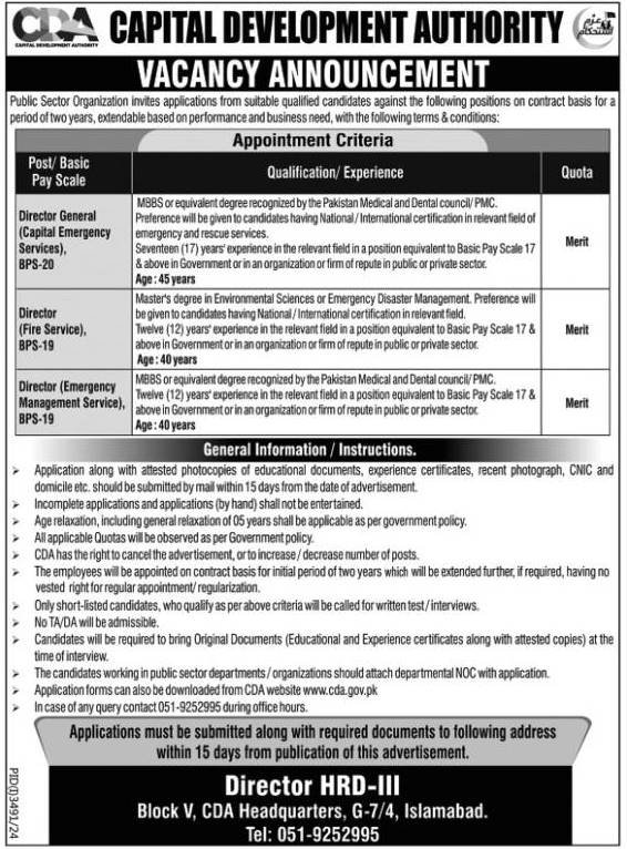 Jobs at Capital Development Authority CDA in 2024 Advertisement