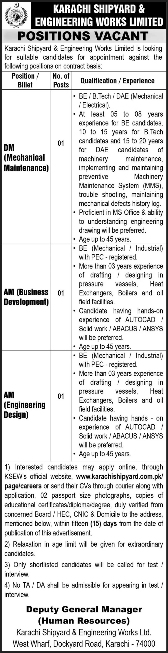 Karachi Shipyard and Engineering Works KSEW Jobs 2024 Advertisement