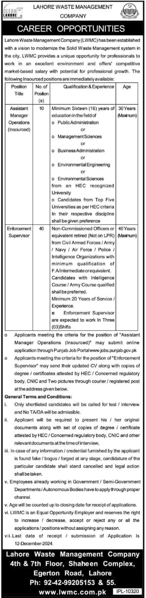 Lahore Waste Management Company LWMC Jobs 2024 Advertisement