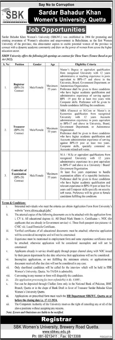 Sardar Bahadur Khan Women University SBKWU Quetta Jobs 2024 Advertisement