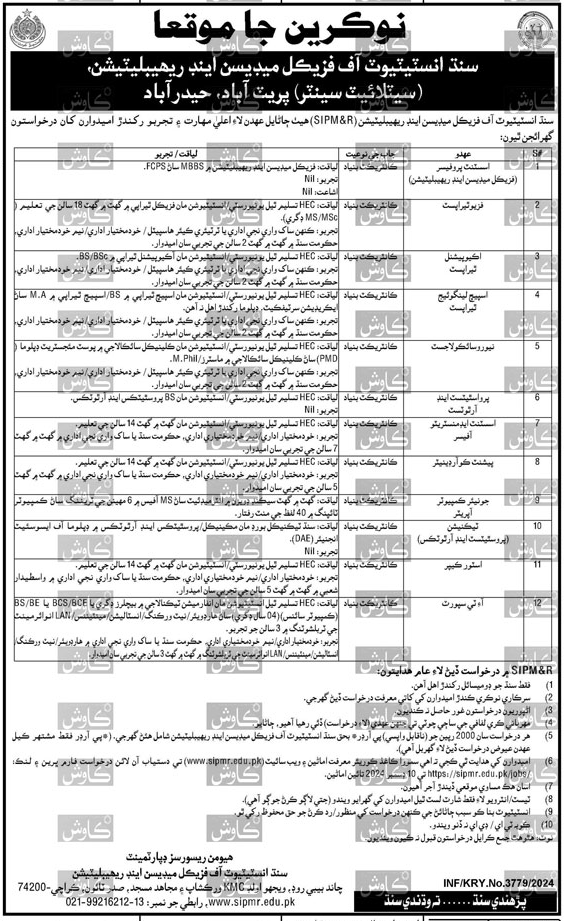 Sindh Institute of Physical Medicine & Rehabilitation SIPMR Jobs 2024 Advertisement