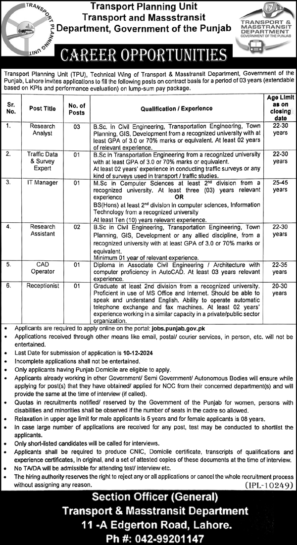 Transport Planning Unit TPU Jobs 2024 Advertisement