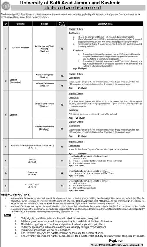 University Of Kotli AJK Jobs 2024 Advertisement