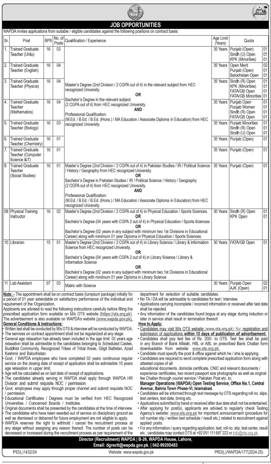 WAPDA Teaching Jobs 2024 Advertisement