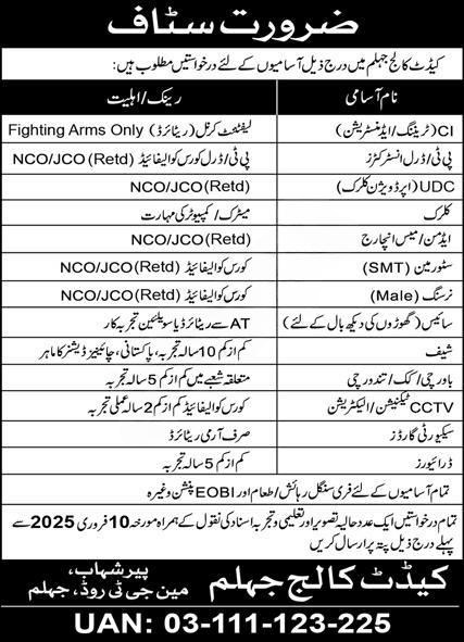 Cadet College Jhelum CCJ Jobs 2025 Advertisement