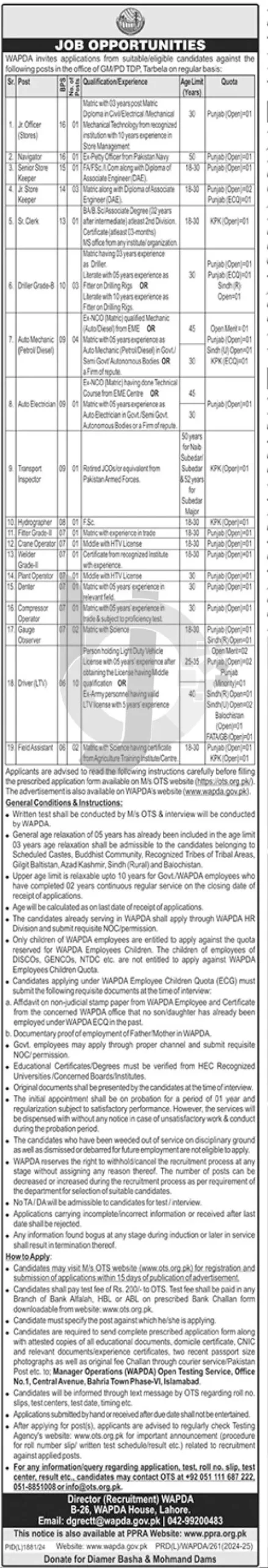 OTS WAPDA Jobs 2025