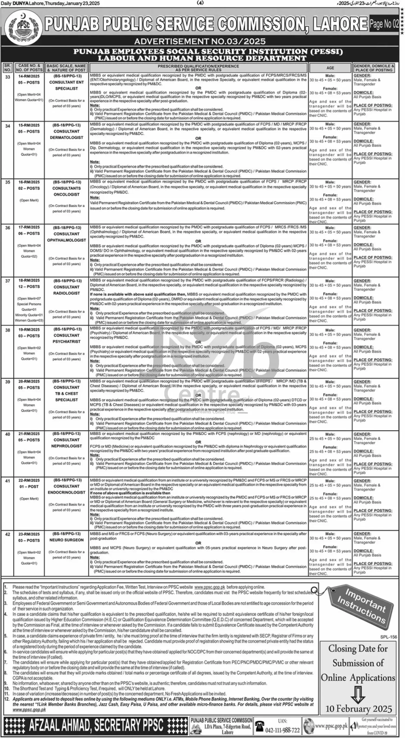 PPSC Jobs Advertisement No 032025