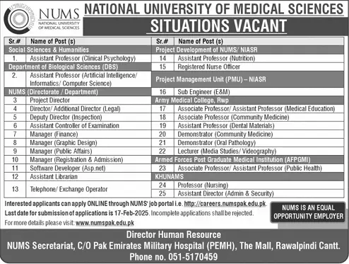 Latest National University Of Medical Sciences NUMS Jobs 2025 Advertisements