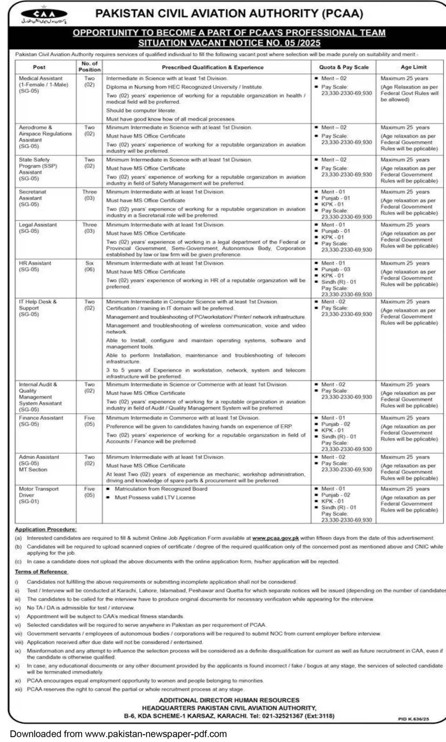 Pakistan Civil Aviation Authority PCAA Karachi Jobs 2025 Advertisement
