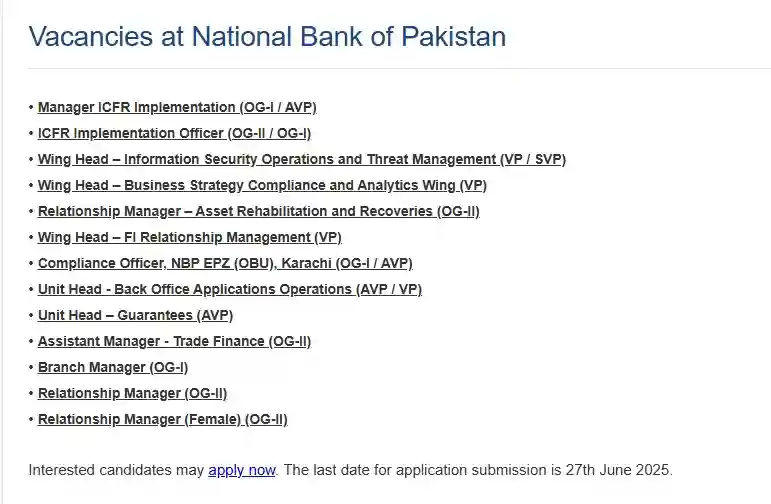 Latest National Bank of Pakistan NBP Jobs 2025 Today Advertisement