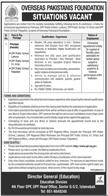 Overseas Pakistanis Foundation OPF Jobs 2025 Today Advertisement