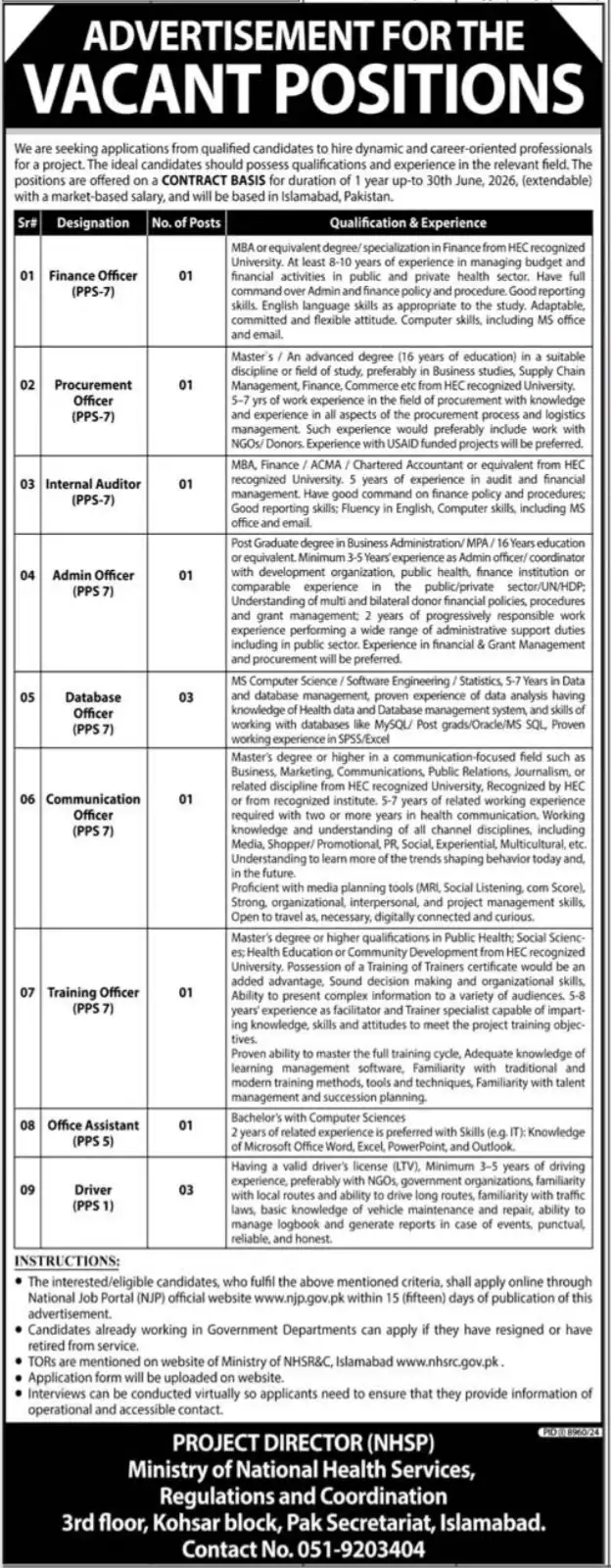 Advertisement of Ministry for National Health Services Regulations & Coordination NHSRC Jobs Today 2025