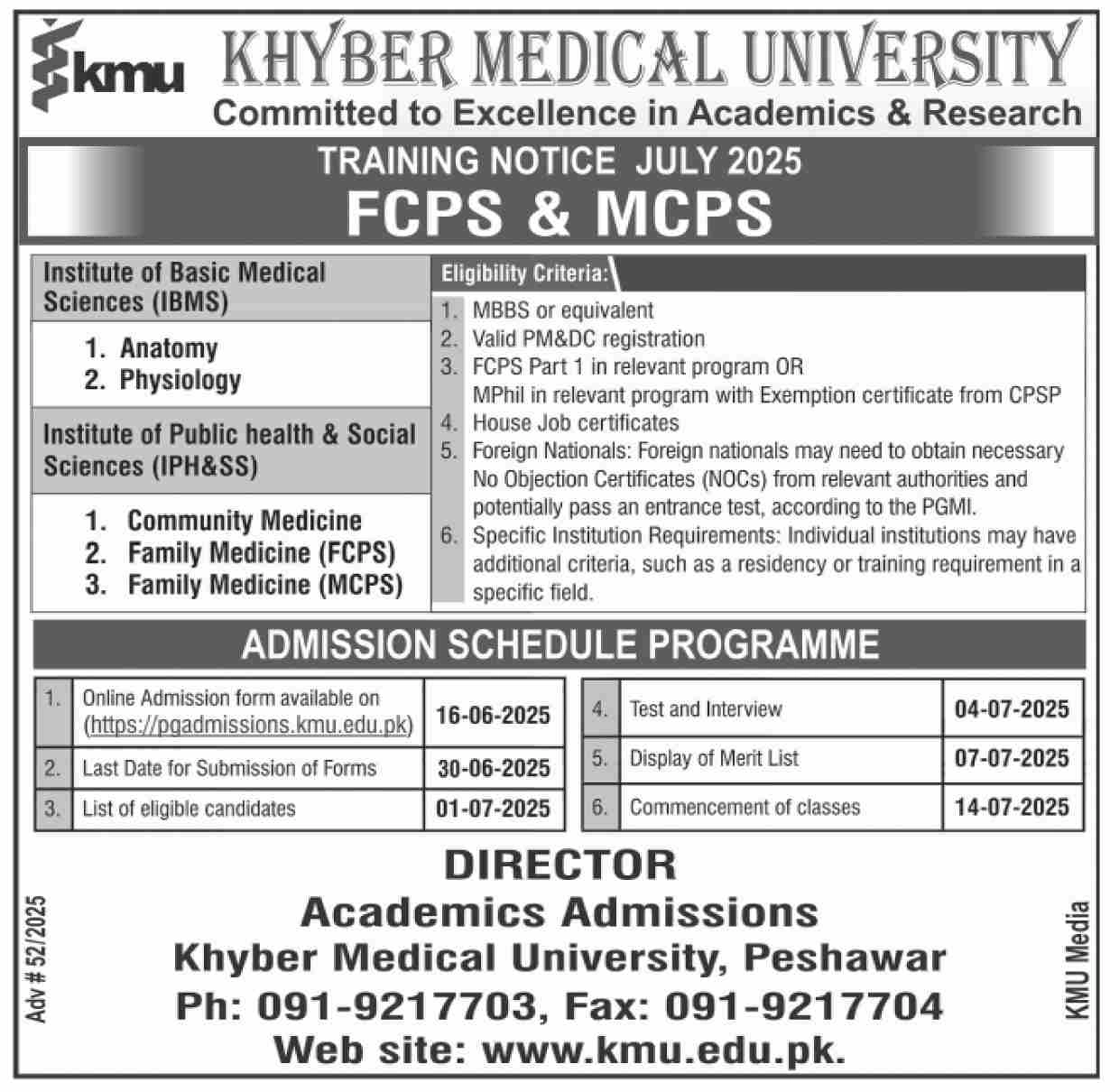 Khyber Medical University Jobs 2025 Today Advertisement