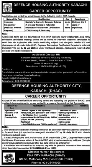 DHA Karachi Careers 2025 Advertisement
