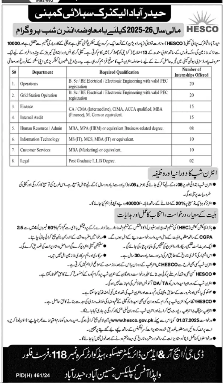 HESCO Paid Internship 2025 Advertisement