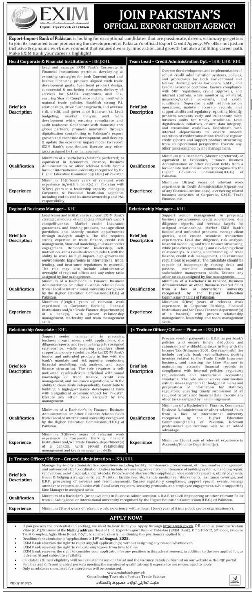 Jobs at EXIM Bank of Pakistan 2025 Today Advertisement