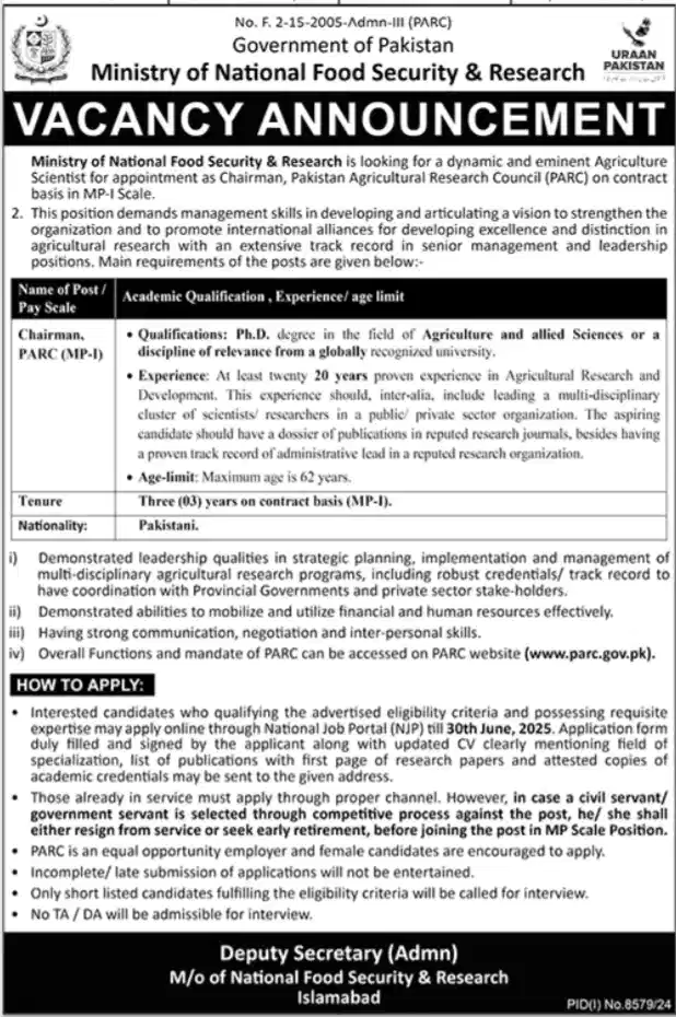 Ministry Of National Food Security And Research Jobs