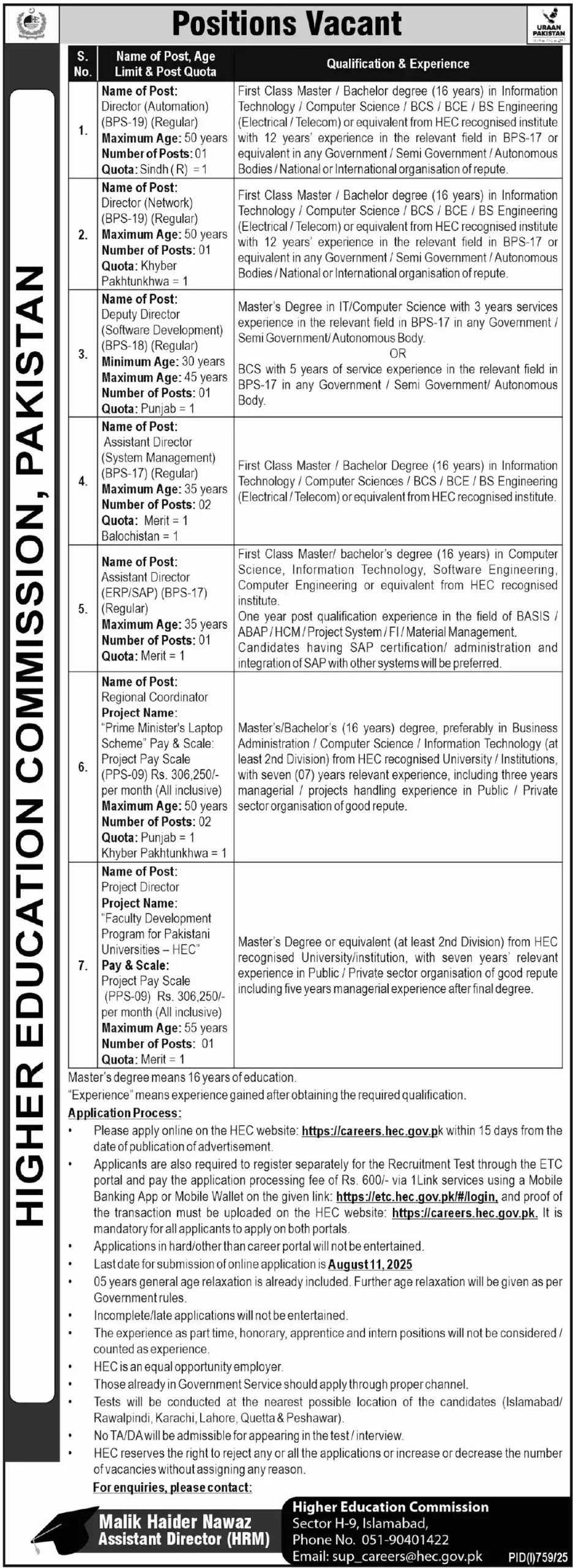  Higher Education Commission HEC Islamabad Jobs 2025 Advertisement: