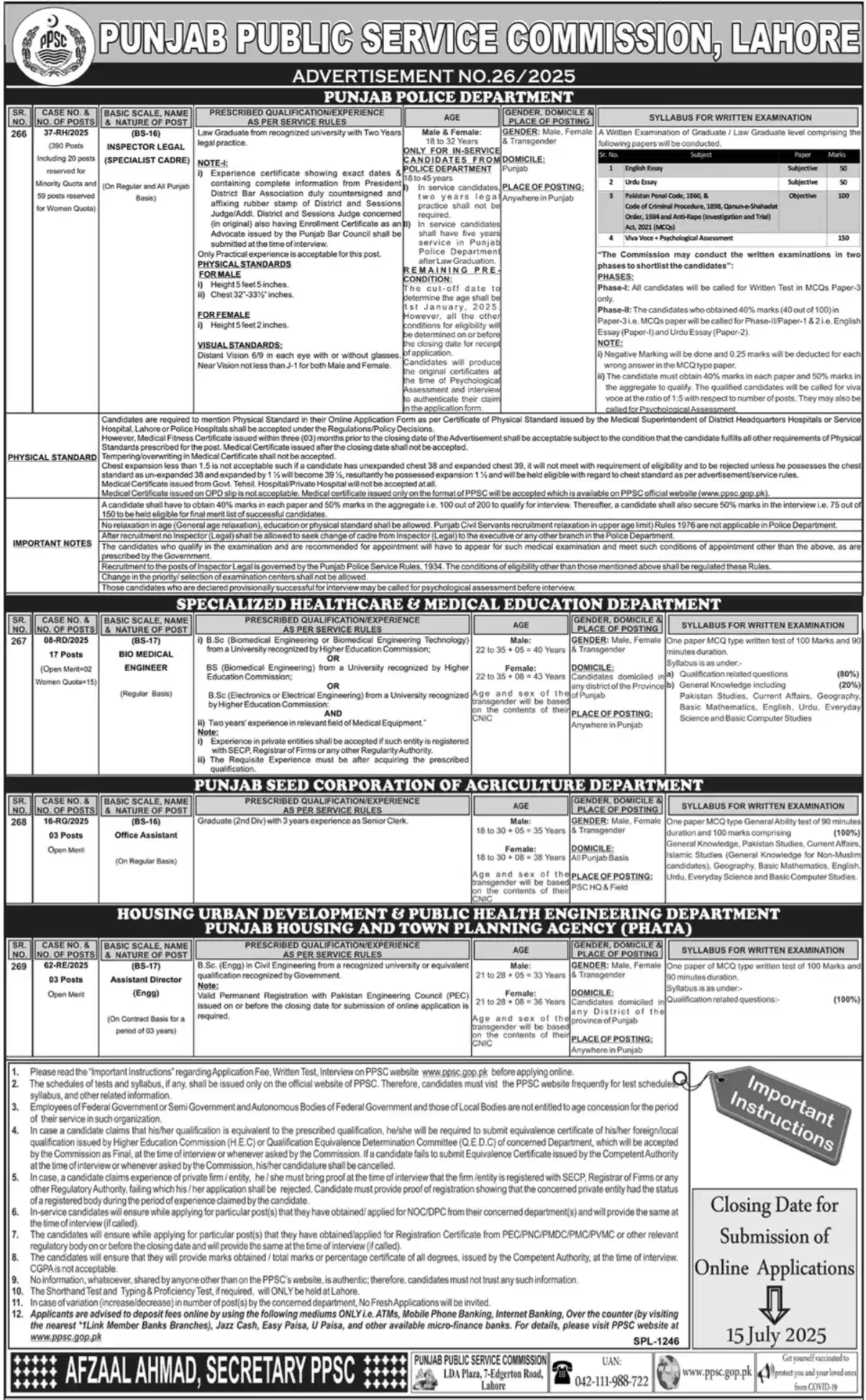 PPSC Ads 26 Jobs 2025 Advertisement