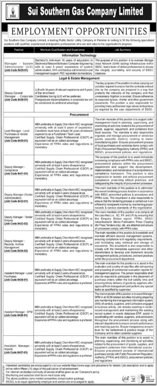 SSGC Jobs In Karachi 2025