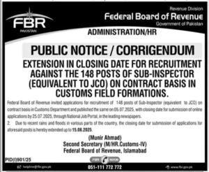 FBR Matric Pass Jobs 2025 Advertisement