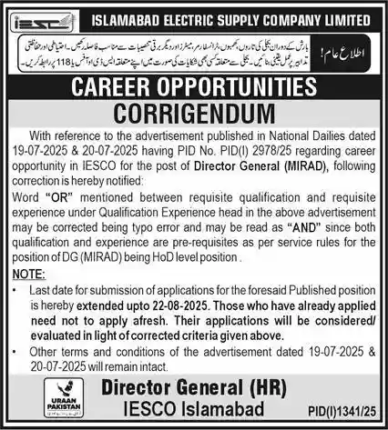 Check how to apply for IESCO Jobs 2025 Today Advertisement