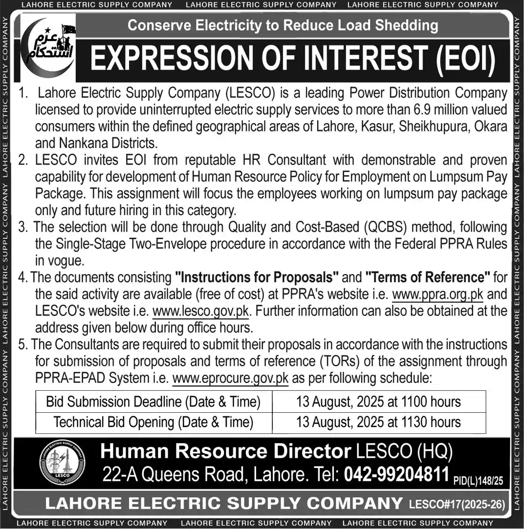 LESCO Pakistan Jobs 2025 Today Advertisement