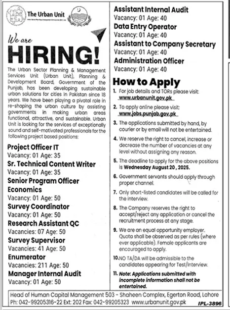 The Urban Unit Jobs 2025 Apply Online at www.urbanunit.gov.pk Advertisements