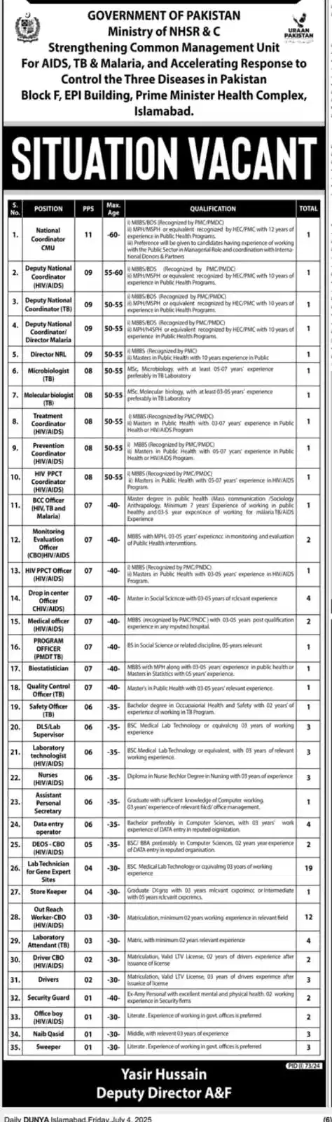 Ministry of NHSR&C Jobs 2025 Advertisement