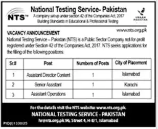 National Testing Service Pakistan NTS Jobs 2025 Latest Advertisement