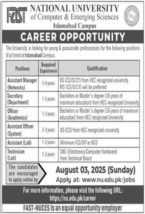 National University of Computer and Emerging Sciences Jobs 2025 Advertisement