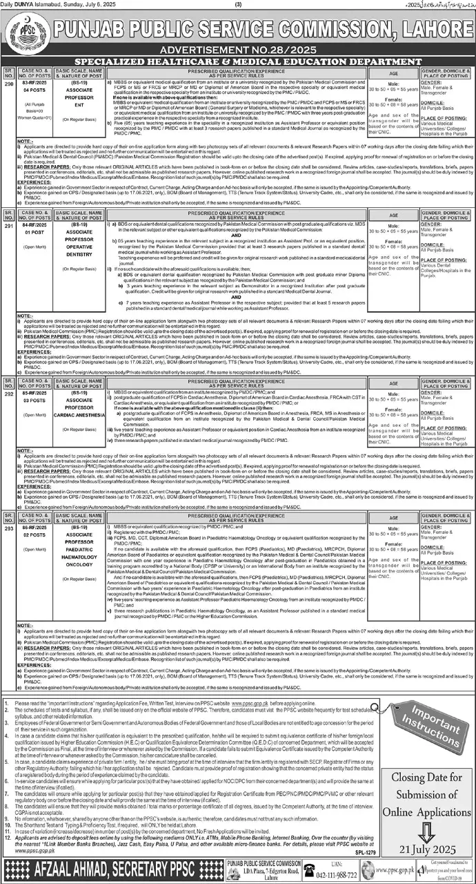 PPSC Ads 28 Jobs 2025 Advertisement
