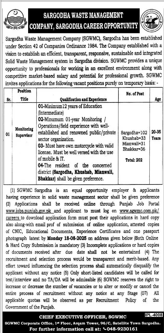 Sialkot Waste Management Company SWMC Jobs 2025 Advertisement