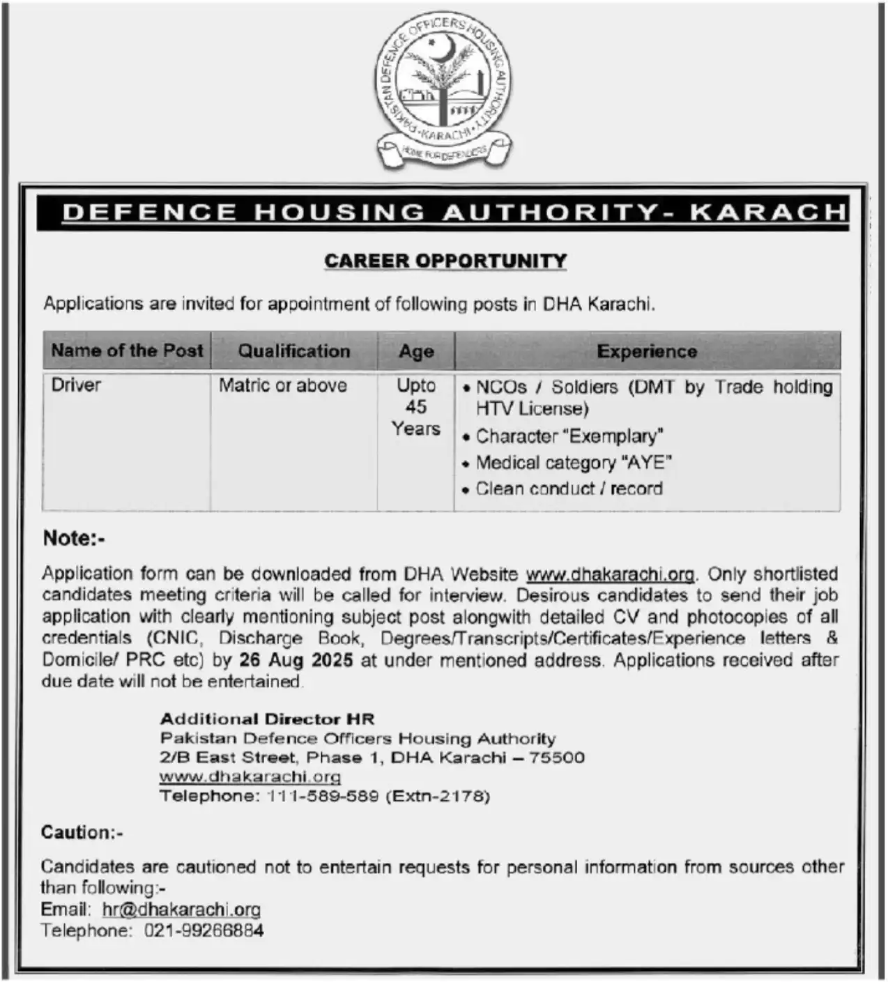 DHA Karachi Careers 2025 Today Advertisement