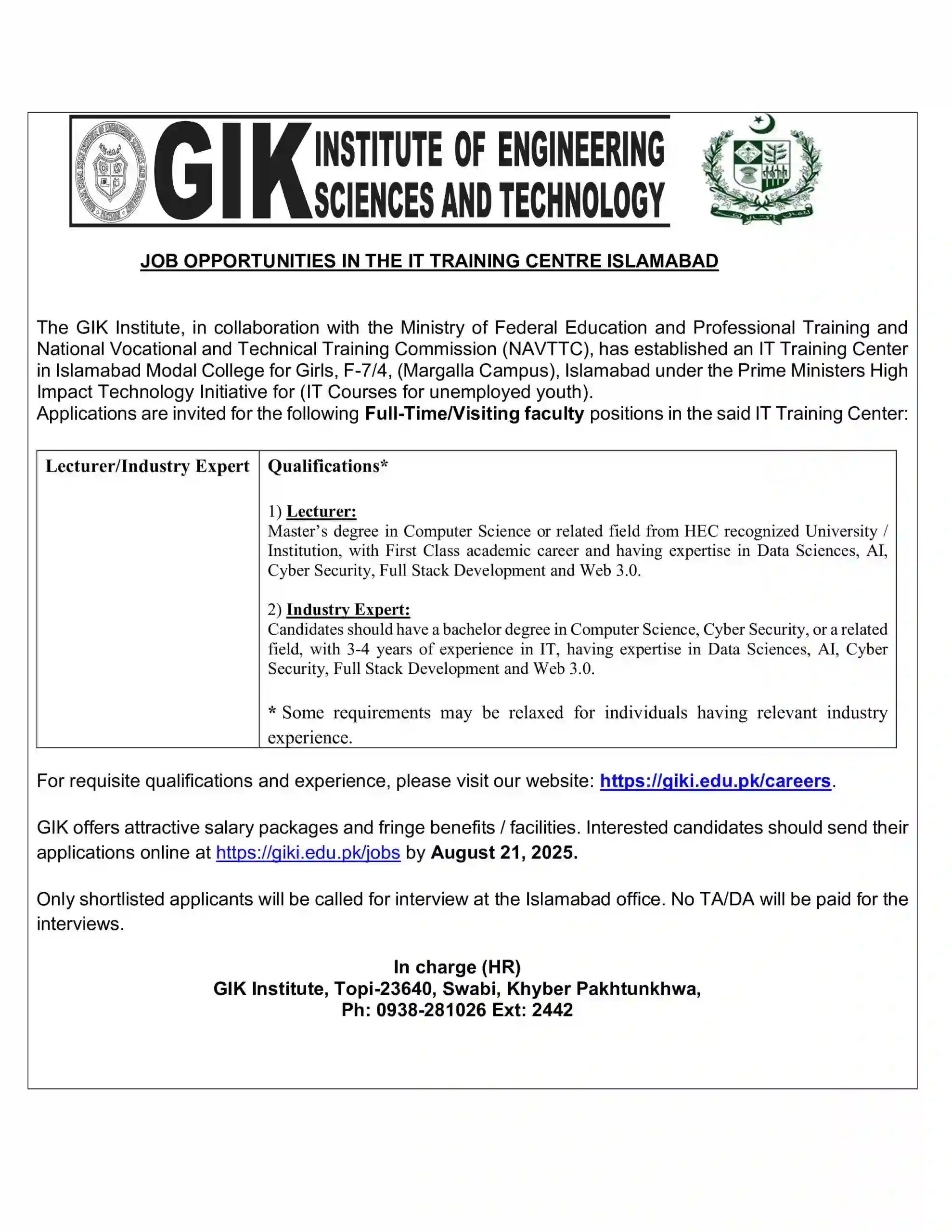 GIK Institute Jobs 2025 Advertisement