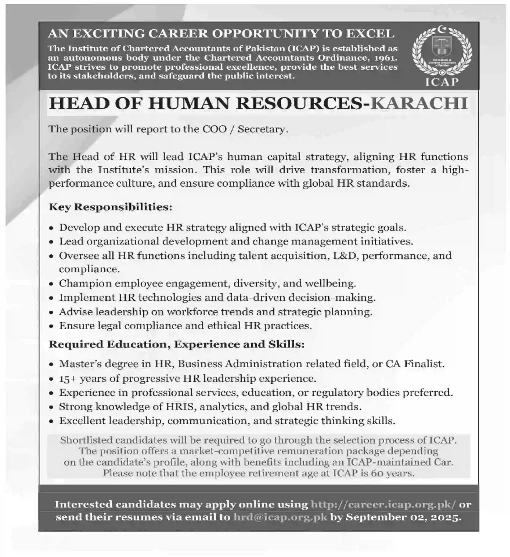ICAP Head of HR Jobs 2025 Advertisement