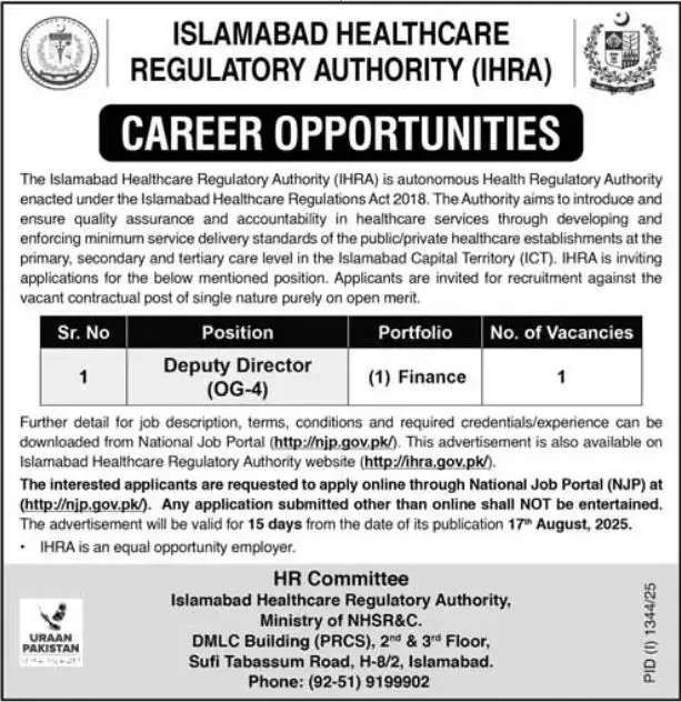Islamabad Healthcare Regulatory Authority Jobs 2025 Advertisement