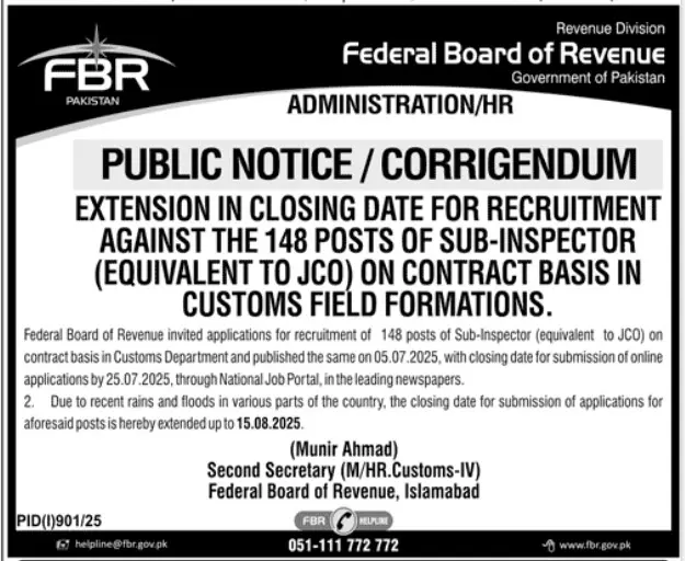 Federal Board of Revenue FBR Jobs 2025 Today Advertisement