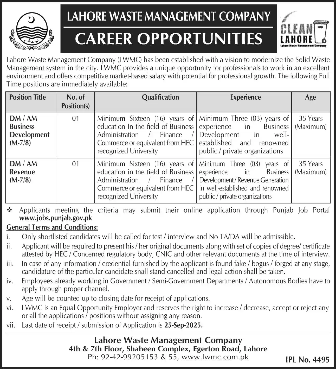 Lahore Waste Management Company LWMC Careers 2025 Today Advertisement