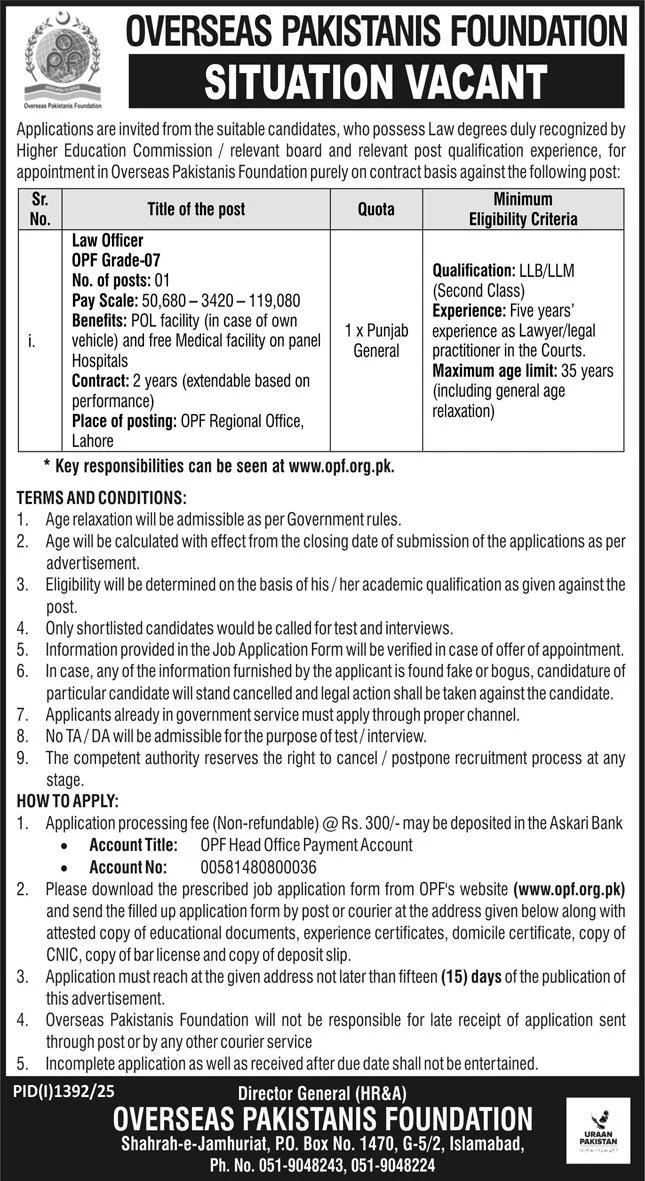 Overseas Pakistanis Foundation OPF Jobs 2025 Today Advertisement