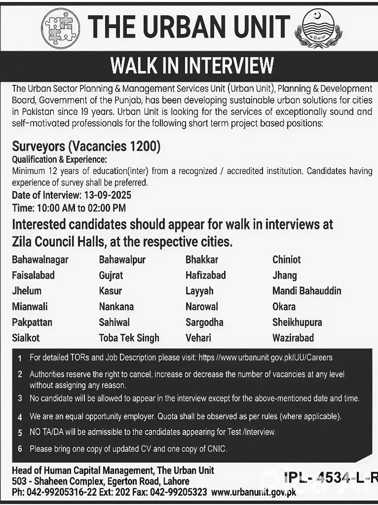 The Urban Unit Jobs 2025 Apply Online at www.urbanunit.gov.pk Advertisements