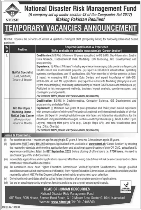 National Disaster Risk Management Fund Jobs 2025 Advertisement: