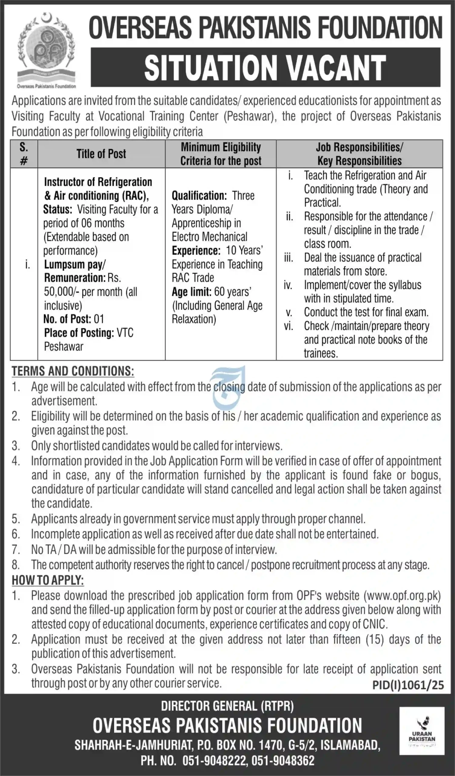 Overseas Pakistanis Foundation Jobs 2025 Advertisement