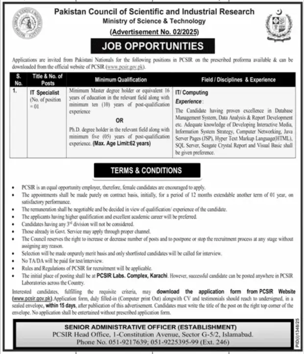PCSIR Jobs 2025 Advertisement