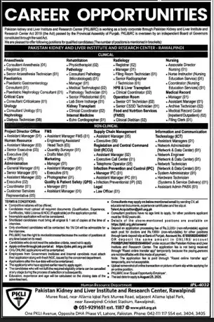 Pakistan Kidney and Liver Institute & Research Center Jobs 2025 Advertisement